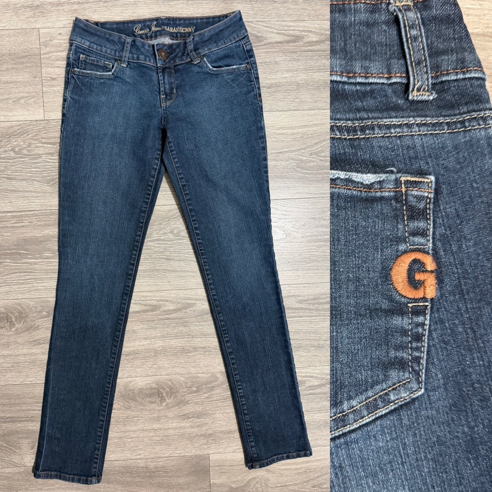 Y2K Guess Sarah Skinny Jeans Womens 27 Dark Wash Low Rise Distressed Blue